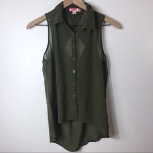 Six Degrees Dark Green Sheer Button Up Tank, XS